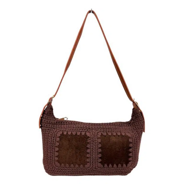 Bolso Bandolera de Algodón tipo Ganchillo con Diseño Cuadrados Frontales para Mujer - Imagen 5