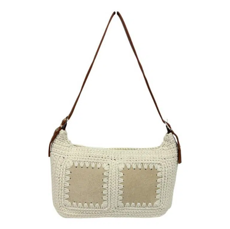 Bolso Bandolera de Algodón tipo Ganchillo con Diseño Cuadrados Frontales para Mujer - Imagen 4