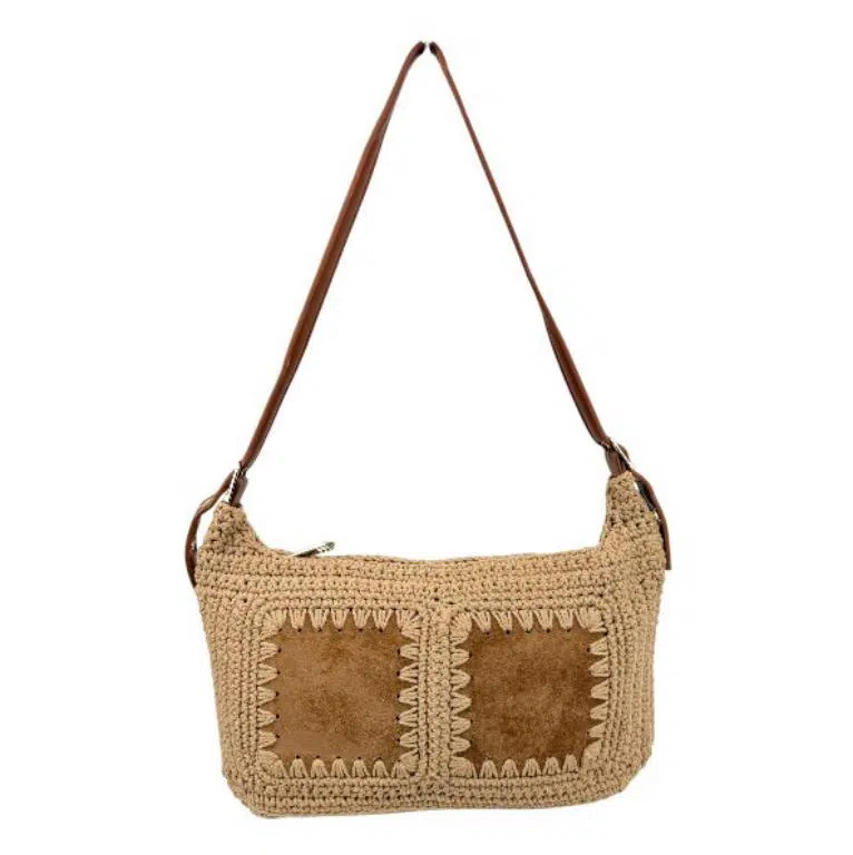 Bolso Bandolera de Algodón tipo Ganchillo con Diseño Cuadrados Frontales para Mujer - Imagen 7