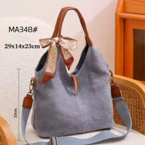 Bolso de Hombro en Lino Lavado con Pañuelo Decorativo, Cremallera y 2 Asas Marrones para Mujer.