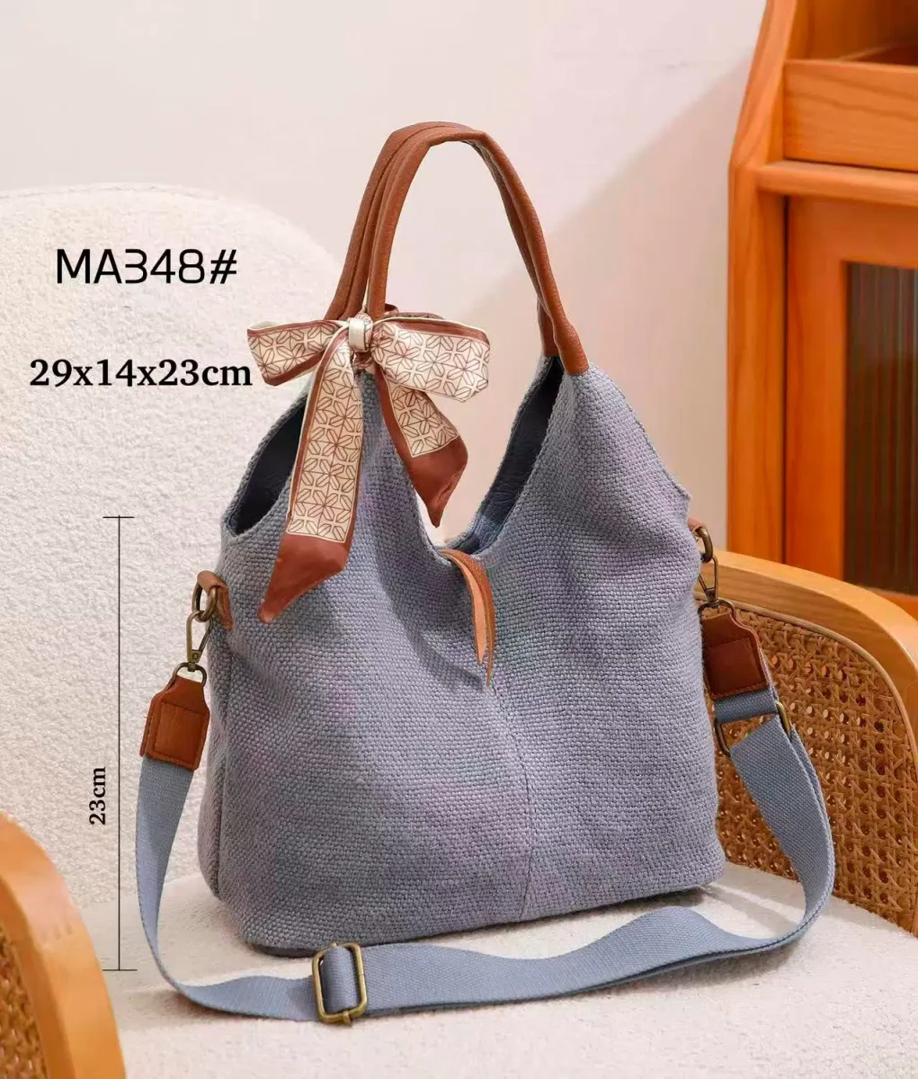 Bolso de Hombro en Lino Lavado con Pañuelo Decorativo, Cremallera y 2 Asas Marrones para Mujer. - Imagen 2