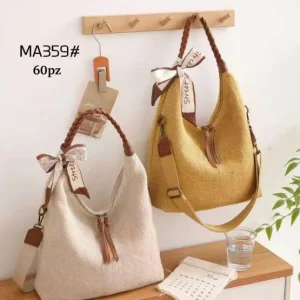 Bolso de Hombro en Lino Lavado con Asa Trenzada, Pañuelo Decorativo y 2 Cremalleras para Mujer