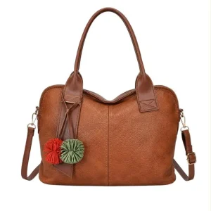 Bolso Maletín Sintético de Mujer con Gran Calidad y Pompones Frontales de Colores Decorativos