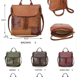 Mochila Sintética de Mujer tipo Patchwork con Solapa de Botón y Bolsillos Exteriores