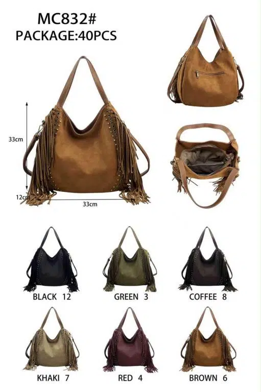 Amplio Bolso de Hombro Sintético tipo Hobo con Flecos y Tachuelas Decorativas para Mujer