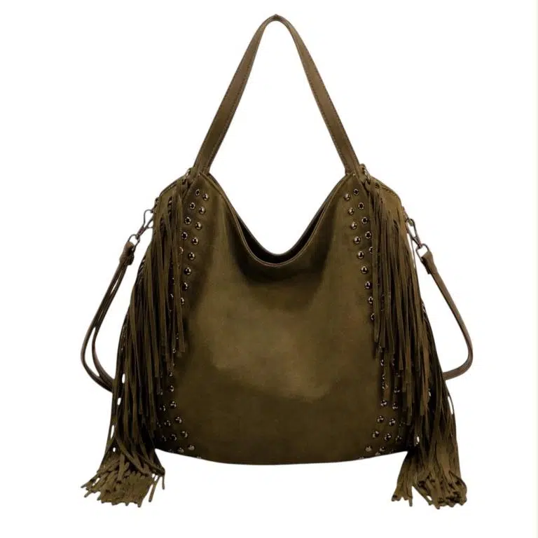 Amplio Bolso de Hombro Sintético tipo Hobo con Flecos y Tachuelas Decorativas para Mujer - Imagen 7