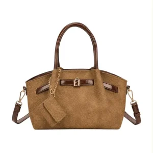 Bolso de Mano Sintético Estilo Serraje con Tira Marrón Decorativa y Monedero Extra de Mujer