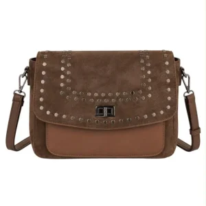 Bolso Bandolera Sintético Bicolor con Tachuelas en Solapa de Giro y Compartimento Frontal Mujer