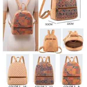 Mochila en Corcho Ecológico con Alegre Diseño, Bolsillo Frontal y Trasero para Mujer