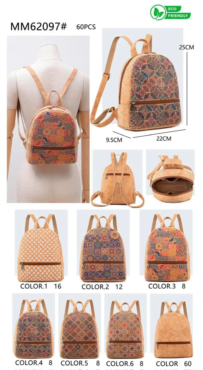 Mochila en Corcho Ecológico con Alegre Diseño, Bolsillo Frontal y Trasero para Mujer