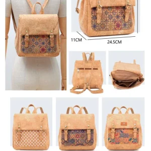 Mochila en Corcho Ecológico con Solapa de 2 Botones y Bolsillo Trasero para Mujer