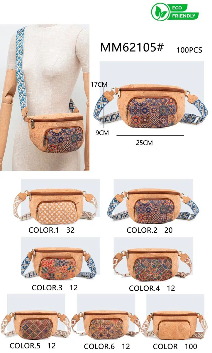 Riñonera de Corcho Ecológico con Bolsillo Frontal y Tira Bandolera de Colores para Mujer