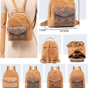 Mochila en Corcho Ecológico para Mujer con Solapa Frontal y Bolsillo Trasero