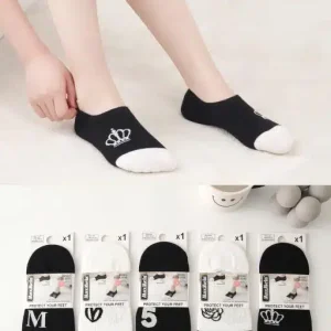 Calcetines Invisibles de Mujer en Algodón con Diseño Blanco/Negro y Suela Antideslizante de Silicona