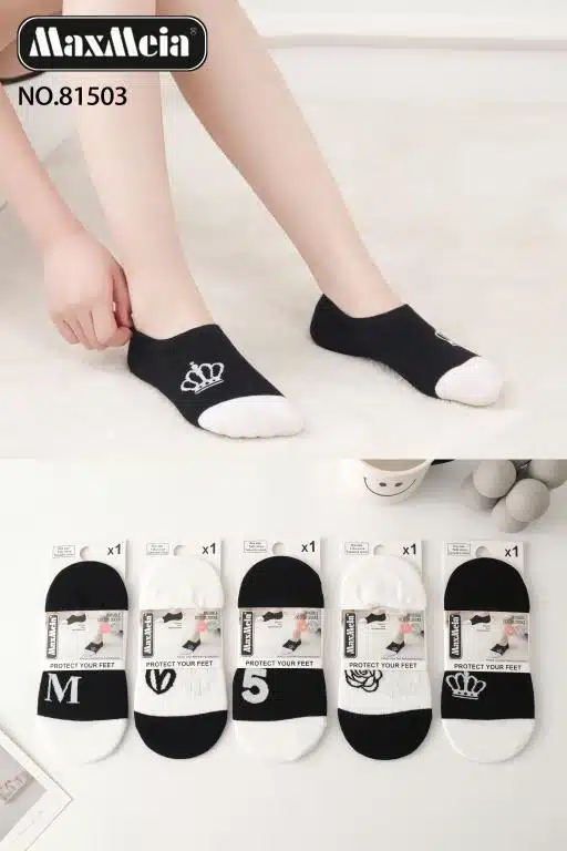 Calcetines Invisibles de Mujer en Algodón con Diseño Blanco/Negro y Suela Antideslizante de Silicona