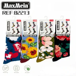Calcetines Largos Elásticos y Duraderos Unisex en Algodón con Diseño Flores y Talla Única
