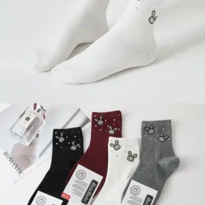 Calcetines Cortos en Algodón con Diseño de Conejitos y Talla Única para Mujer