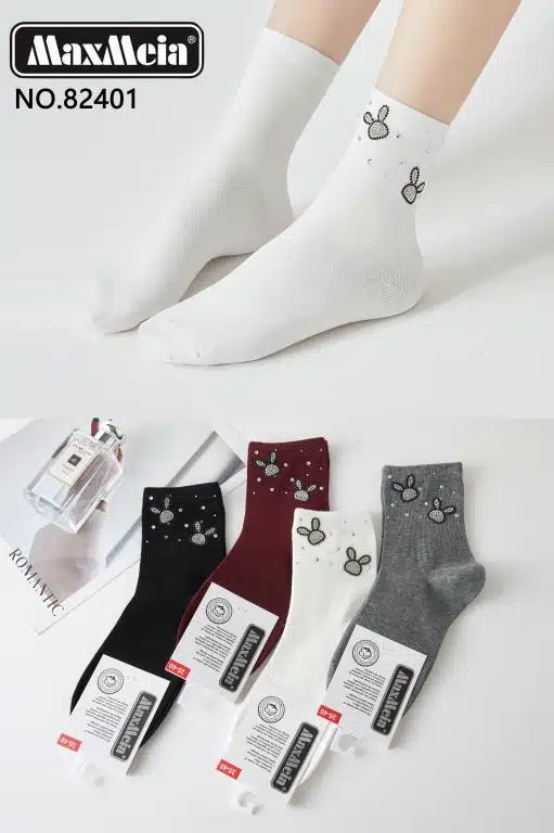 Calcetines Cortos en Algodón con Diseño de Conejitos y Talla Única para Mujer