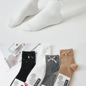 Calcetines Cortos de Algodón para Mujer en Talla Única con Diseño Lazo Decorativo