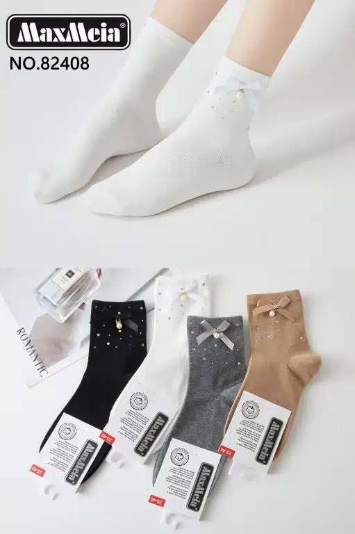 Calcetines Cortos de Algodón para Mujer en Talla Única con Diseño Lazo Decorativo