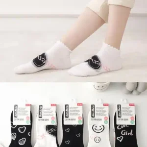 Calcetines Cortos de Algodón Peinado para Mujer con Diseño de Corazones y Caritas