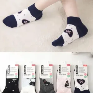 Calcetines Cortos de Algodón Peinado con Talla Única y Diseño Gatitos y Lazos para Mujer