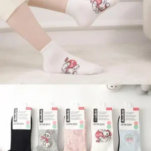 Calcetines Cortos de Algodón Peinado con Bonito Diseño de Conejito y Colores Lisos para Mujer
