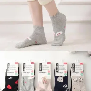 Calcetines Cortos de Algodón Peinado con Alegre Diseño Animado y Colores Lisos para Mujer