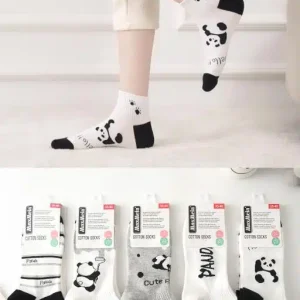 Calcetines Cortos de Mujer en Algodón Peinado con Diseño de Panda y Talla Única