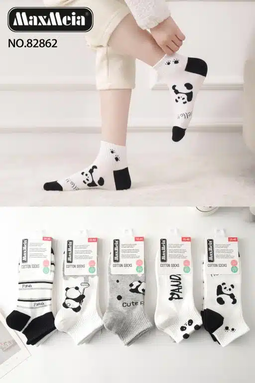 Calcetines Cortos de Mujer en Algodón Peinado con Diseño de Panda y Talla Única