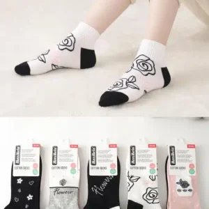 Calcetines Cortos de Algodón Peinado con Diseño de Flores y Talla Única para Mujer