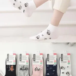 Calcetines Cortos de Mujer en Algodón Peinado con Diseños Musicales y Colores Lisos