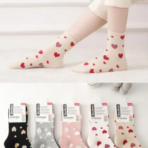 Calcetines Cortos de Algodón Peinado con Diseño de Corazones y Talla Única para Mujer