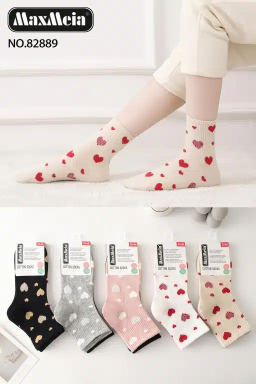 Calcetines Cortos de Algodón Peinado con Diseño de Corazones y Talla Única para Mujer