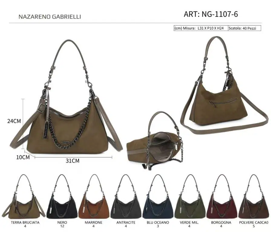Bolso de Mano Sintético Nazareno Gabrielli con Asa Larga de Cadena Plateada y Bolsillo Trasero