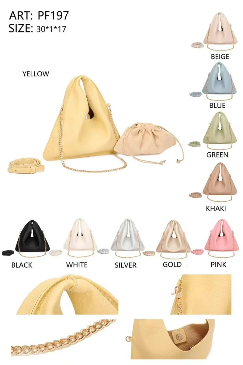 Bolso de Mano Compacto Sintético con Asa Dorada de Cadena y Saquito Interior para Mujer
