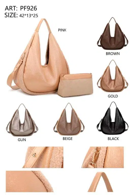 Amplio Bolso de Hombro Sintético tipo Hobo con Efecto Brillante y Borrego + Bolsito Extra Mujer - Imagen 2
