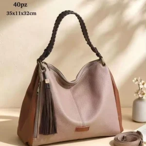 Bolso de Hombro Sintético Tricolor tipo Hobo con Asa Trenzada y Bolsillos Exteriores