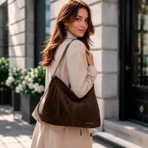 Bolso de Hombro Sintético Hobo con Frontal y Lados Estilo Serraje y Cremallera con Flecos para Mujer