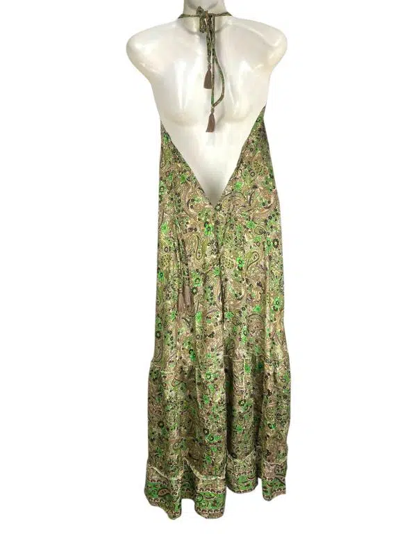Vestido Largo Artesanal con Bonito Diseño en Seda India de Mujer con Espalda Descubierta y Talla Única - Imagen 3