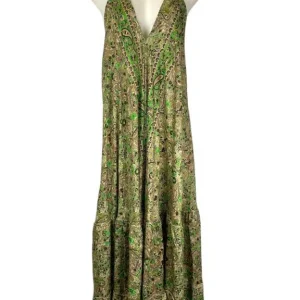 Vestido Largo Artesanal con Bonito Diseño en Seda India de Mujer con Espalda Descubierta y Talla Única