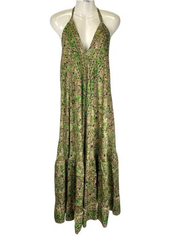 Vestido Largo Artesanal con Bonito Diseño en Seda India de Mujer con Espalda Descubierta y Talla Única