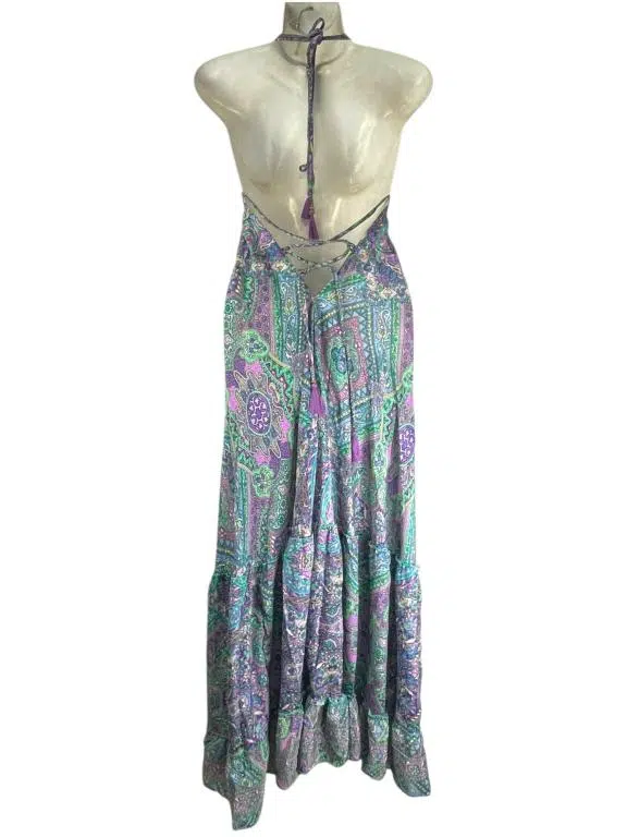 Vestido Largo Artesanal con Alegre Diseño Multicolor en Seda India y Espalda Descubierta para Mujer - Imagen 3