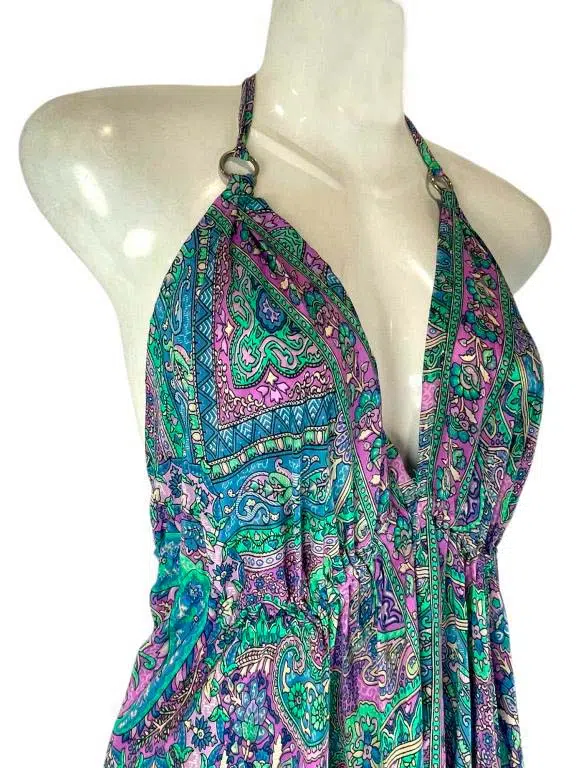 Vestido Largo Artesanal con Alegre Diseño Multicolor en Seda India y Espalda Descubierta para Mujer - Imagen 4