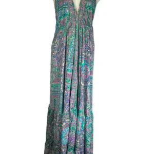 Vestido Largo Artesanal con Alegre Diseño Multicolor en Seda India y Espalda Descubierta para Mujer