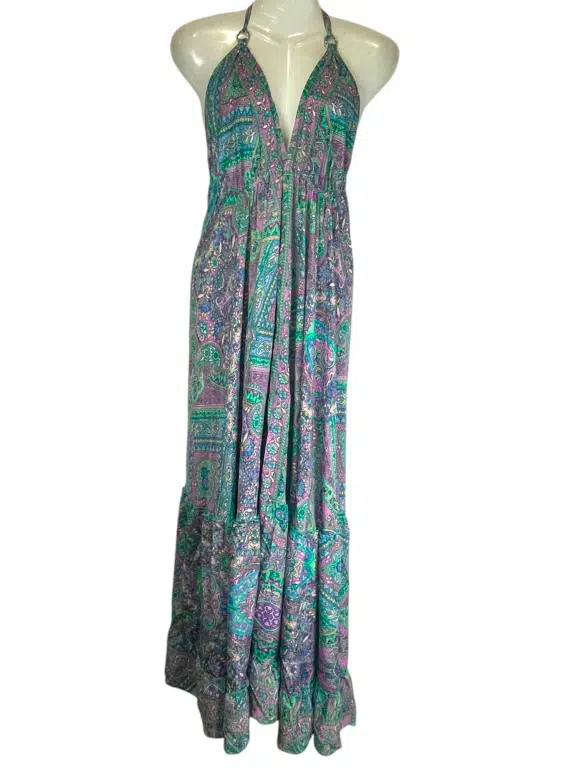 Vestido Largo Artesanal con Alegre Diseño Multicolor en Seda India y Espalda Descubierta para Mujer