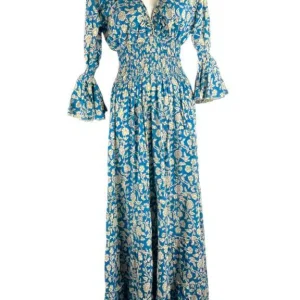 Vestido Largo Artesanal de Algodón con Cuello en V, Mangas Anchas y Talla Única para Mujer