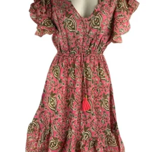 Vestido Corto Artesanal de Algodón con Escote, Mangas con Volantes y Talla Única para Mujer