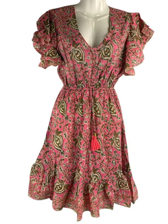 Vestido Corto Artesanal de Algodón con Escote, Mangas con Volantes y Talla Única para Mujer