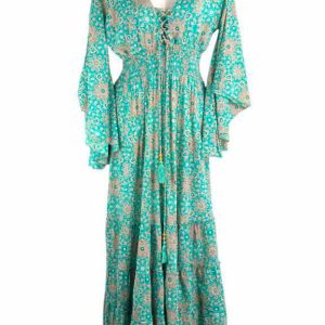 Vestido Largo Bohemio de Algodón con Escote, Mangas Largas y Nudo en la Espalda para Mujer